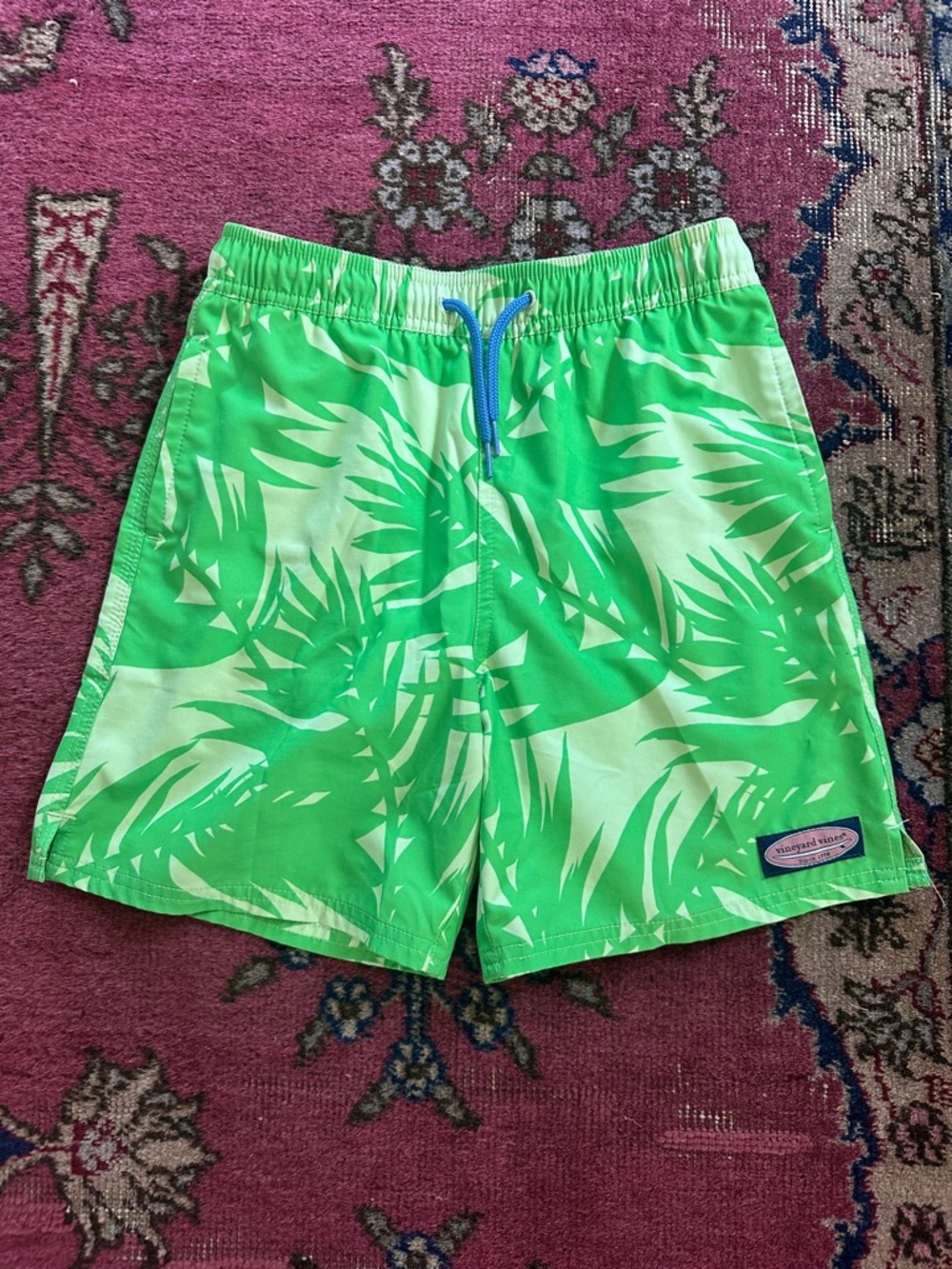 Vineyard Vines Boys Neon Green Palm-Print Swim Trunks